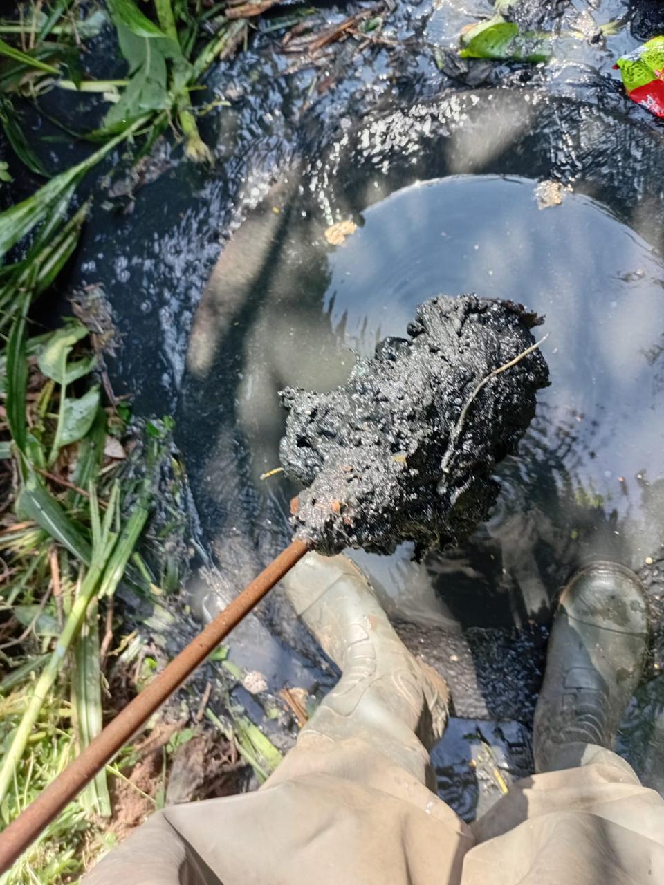 Solid waste being removed from a blocked drain